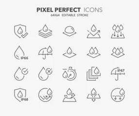 Poster Line icons about waterproof fabrics and absorbent fabrics. Outline symbol collection. Editable vector stroke. 64x64 Pixel Perfect. © Artco