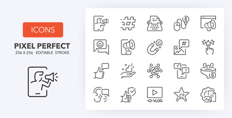 Influencers and social media marketing, thin line icon set. Outline symbol collection. Editable vector stroke. 256x256 Pixel Perfect scalable to 128px, 64px... - obrazy, fototapety, plakaty