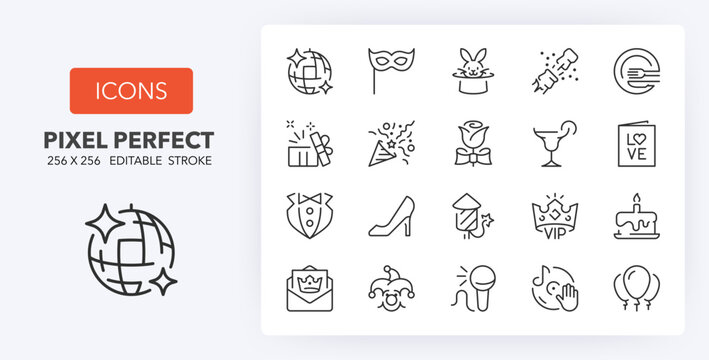 Party thin line icon set. Outline symbol collection. Editable vector stroke. 256x256 Pixel Perfect scalable to 128px, 64px...