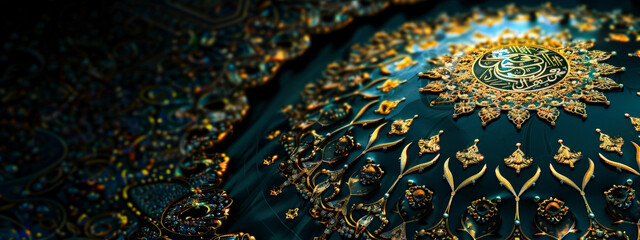 A gold and blue design with a large circle in the center