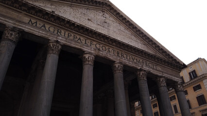 The Roman Pantheon is the best-preserved building from ancient Rome, Italy, and was completed in c. 125 CE. Latin letters mean: 