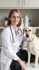 Portrait of a female veterinarian with a dog in a veterinary clinic against white background, generative AI
