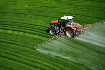 Fototapeta premium Modern tractor spraying fertilizer chemical spray pesticide land cultivated farmland farm harvest agriculture field equipment driving wheat meadow countryside ecology ecological farming eco-awareness