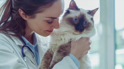 Compassionate veterinarian in scrubs holding a pet with care.