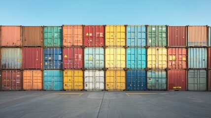 Fototapeta premium Stacked cargo containers at a port, awaiting shipment or storage, representing international trade and logistics.
