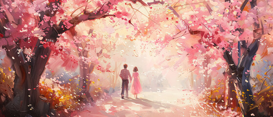 Couple Walking Through Blossom-Filled Path Painting - obrazy, fototapety, plakaty