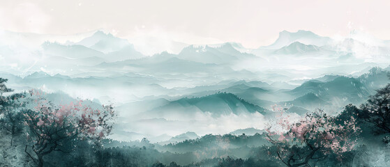 A mountain range with a few trees and a few pink flowers - obrazy, fototapety, plakaty