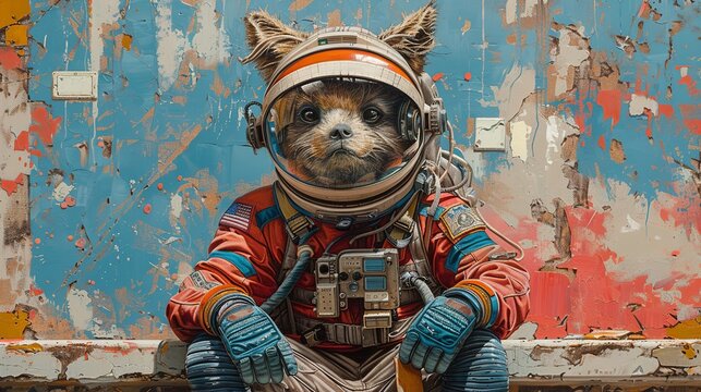 Chupacabra Astronaut to Crafting at Staircase Surrealistic Oil painting Color Simple and Minimal Style