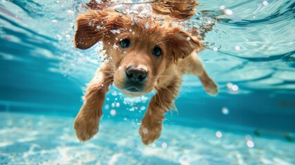 Golden Labrador Retriever puppy underwater in swimming pool - obrazy, fototapety, plakaty
