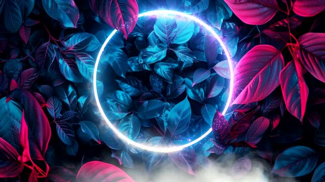 Blue Pink circle scene with leaves as an element, animated virtual repeating seamless 4k