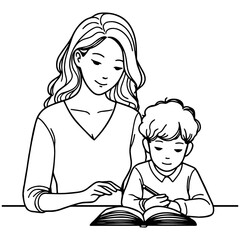 Mother and Kid Read Book Line Drawing.