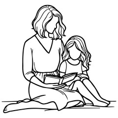 Mother and Kid Read Book Line Drawing.