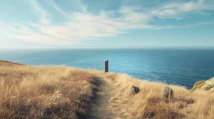 Coastal hiking trail with panoramic views of the ocean, with copy space