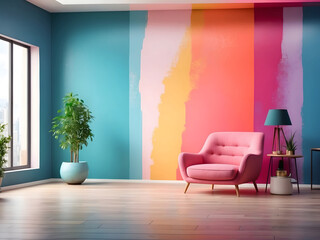 Empty new flat with freshly painted colourful wall in an empty room design, panorama banner design.