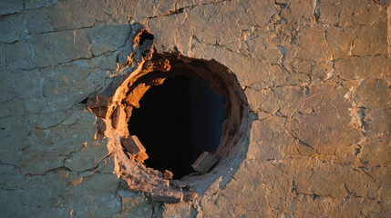 Hole in the wall from a bullet. Wall background and texture. Through hole. - obrazy, fototapety, plakaty