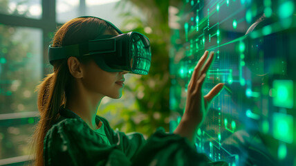 Woman wearing VR glasses at multimedia desk in office. With an outstretched hand to the green diodes - obrazy, fototapety, plakaty