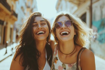 Fototapeta premium Happy girlfriends having fun laughing out loud on city street