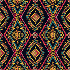 A colorful patterned design with a flower in the center