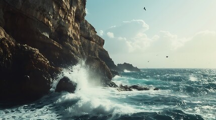 Coastal cliffs with waves crashing against the rocks below, with copy space
