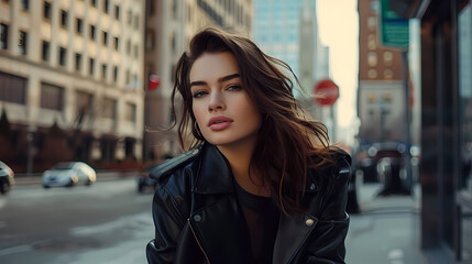 Fototapeta premium Elegant Woman Posing on a Busy City Street