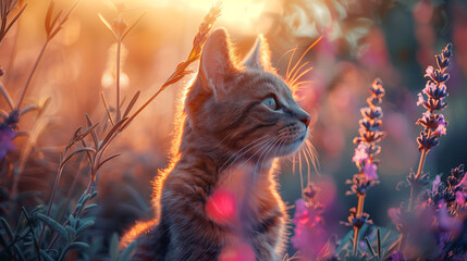 cute cat in the lavender field in the sunset