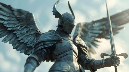 Angelic Statue with Wings and Sword in Unreal Engine Style