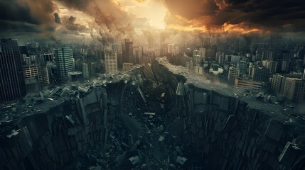 Apocalyptic Cityscape on the Edge of a Cliff at Sunlight