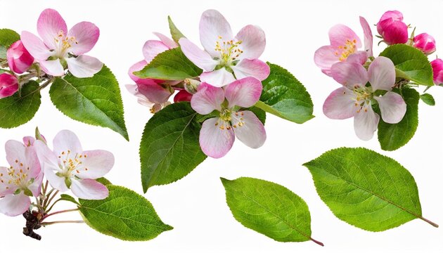 set of pink flowers and green leaves of malus floribunda profusely flowering apple isolated on white or transparent background