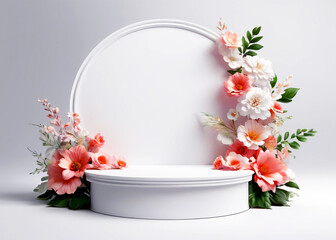 White floral podium for product display on white background