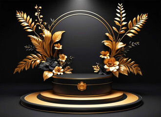 Black  floral podium for product display on white background 