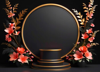 Black  floral podium for product display on white background 
