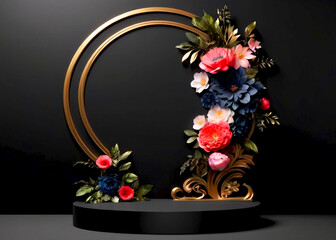 Black  floral podium for product display on white background 