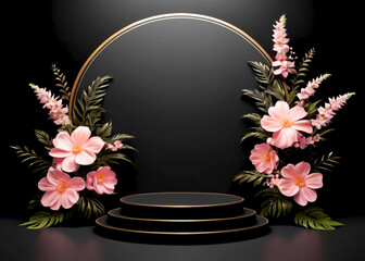 Black  floral podium for product display on white background 