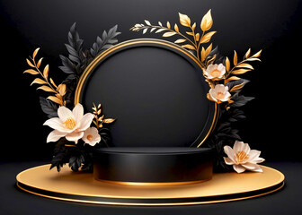 Black  floral podium for product display on white background 