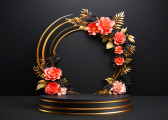 Black  floral podium for product display on white background 