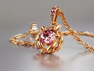 Elegant Pink Rose Pendant and Diamond Necklace in Gold