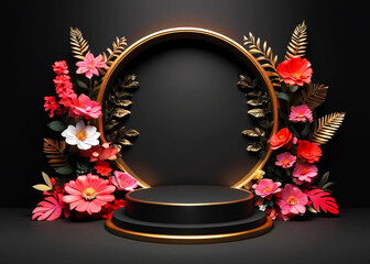 Black  floral podium for product display on white background 
