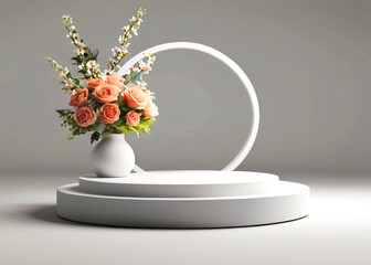 White floral podium for product display on white background