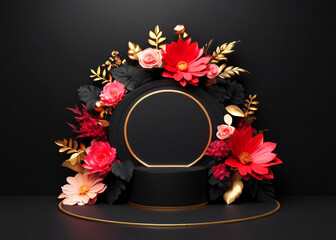 Black  floral podium for product display on white background 