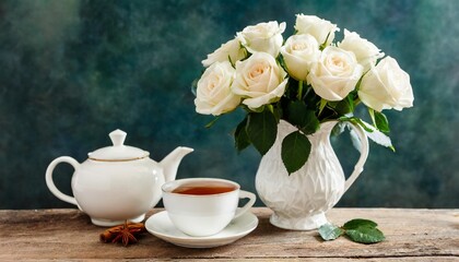 Fototapeta na wymiar vase of white roses with tea