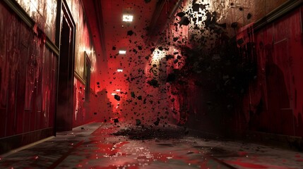 Explosive Red Hallway with Paint Splatters and Graffiti
