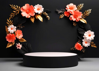 Black  floral podium for product display on white background 