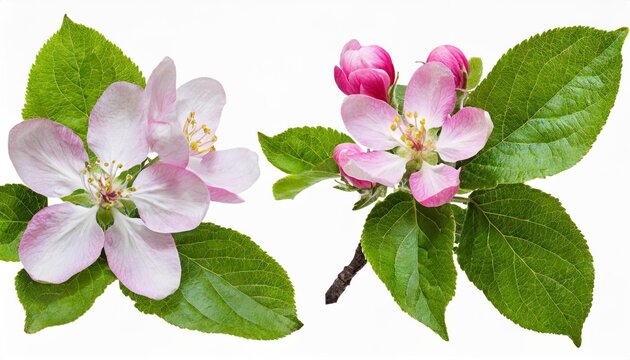 set of pink flowers and green leaves of malus floribunda profusely flowering apple isolated on white or transparent background
