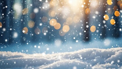 snow covered ground falling snowflakes and blurry festive lights winter landscape christmas background with copyspace