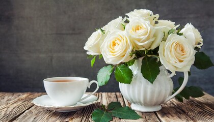 vase of white roses with tea