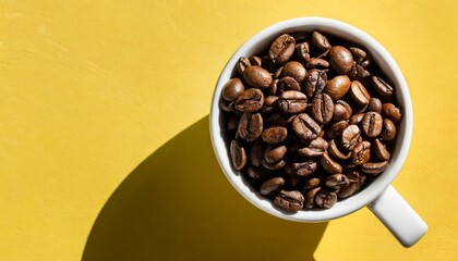 Obraz na płótnie Canvas coffee beans in a white ceramic cup on a yellow background hard sun shadows top view