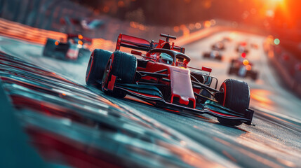 Motorsport cars racing on race track with motion blur background. F1 Grand Prix , Formula 1, Car racing - obrazy, fototapety, plakaty