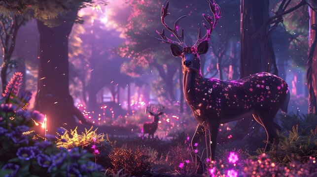 Hyper-Realistic Deer in Purple Forest Desktop Wallpaper