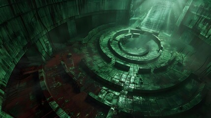 Post-Apocalyptic Ruins Dark Green Tunnel and Spiral Staircase - obrazy, fototapety, plakaty