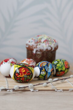 Easter, brightly colored Easter eggs and Easter cake. Celebration traditions